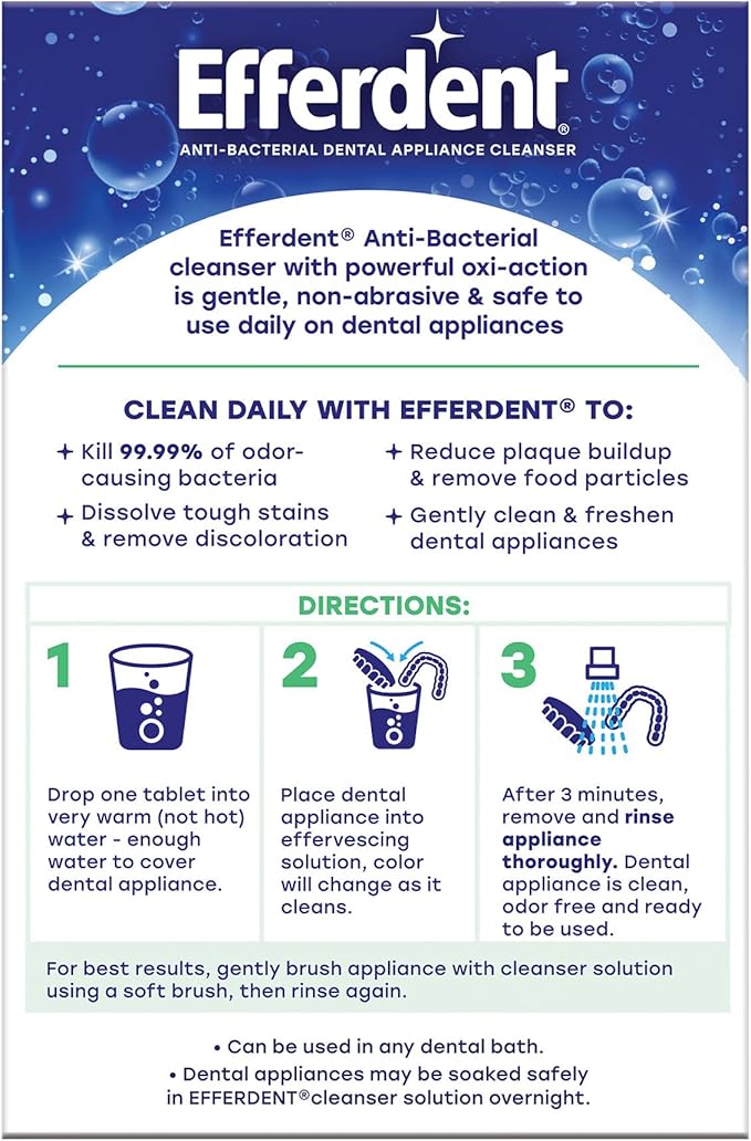 Efferdent Denture Cleaner Tablets – Dental Appliances, Aligners, Mouth Guard, and Retainer Cleaner Tablets, Minty Fresh & Clean, 90 Count