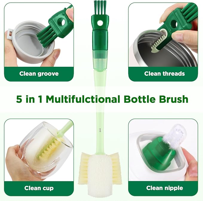 OUTXE 6 Pack Bottle Brush Set, 5-in-1 Water Bottle Cleaner Brush, 14" Long Handle Bottle Cleaning Brush, 3 Straw Brush, Removable Nipple Detail Brush for Cup Lid Gap, with Replecement Sponge