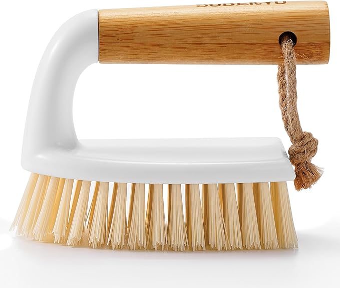 SUBEKYU Scrub Brush, Cleaning Brushes with Handle for Household Use, Heavy Duty Scrub Brushes for Cleaning Bathroom Shower Toilet Bathtub Tile Floor Carpet, White, 2P