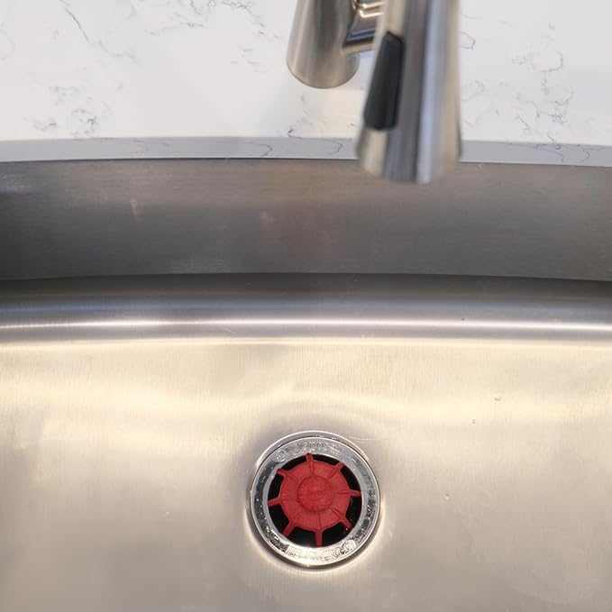 Danco Disposal Genie Garbage Disposal Strainer | Kitchen Sink Drain Splash Guard | Food Scraper | Red (10451)