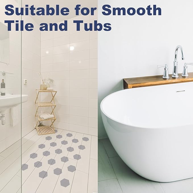 28 PCS Shower Floor Non Slip Stickers with Strong Adhesive, Invisible & Durable Anti Slip Shower Stickers with Scraper for Bath Tub, Pools and Stairs(Grey,Hexagon)