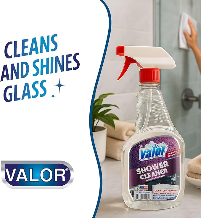 Valor Shower Cleaner Spray – Soap Scum & Hard Water Stain Cleaning Solution for Bathroom, Tub & Tile, (32 Fl Oz (Pack of 1))