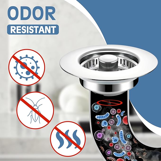 Kitchen Sink Drain Strainer 3 in 1, 304 Stainless Steel Pop Up Sink Stopper, Anti-Clogging Sink Drain Strainer for US Standard Kitchen Drain (Chrome)