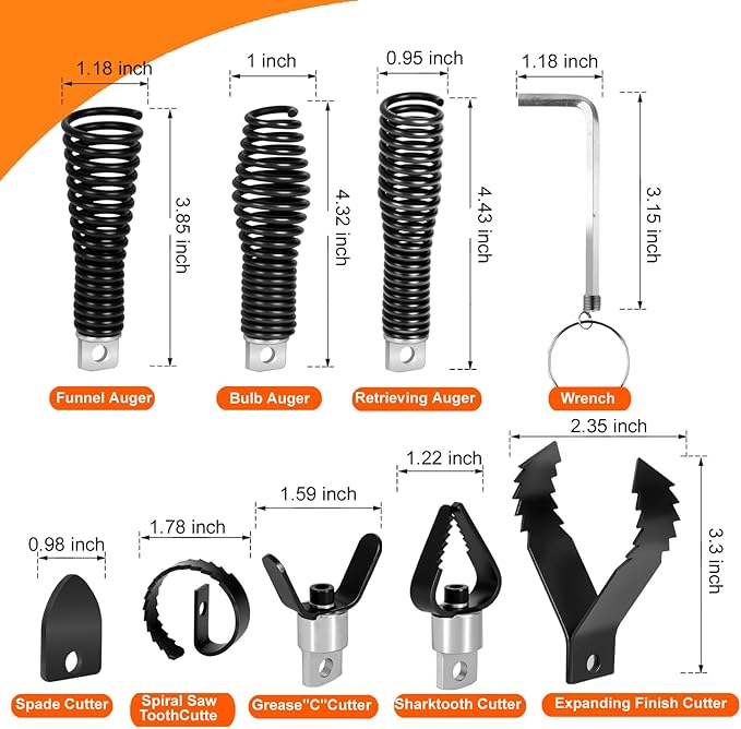 8-Piece Drain Snake Drill Attachment, Cutter and Auger Set, Compatible with 50FT-100FT Drain Cleaning Machines, Fits 5/16-inch to 3/4-inch Drain Snake Cables