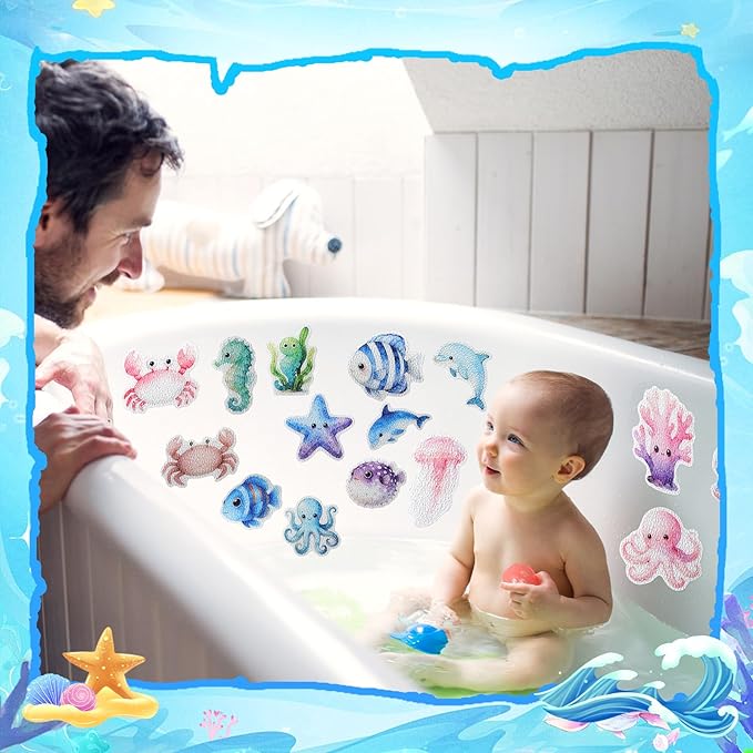 32 Pcs Cute Non Slip Bathtub Stickers for Shower Colorful Bathroom Anti Slip Shower Stickers Floor Applique Adhesive Decals with Scraper for Bathtub Bathroom Floor Pools(Sea)