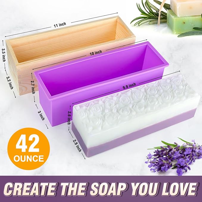 Walfos Silicone Soap Mold - Flexible Rectangular Loaf Mold Comes with Wood Box, Stainless Steel Wavy + Straight Scraper for Soaps Making 42oz