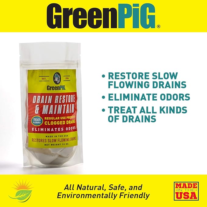 GREEN PIG Drain Clog Remover, Garbage Disposal Cleaner and Deodorizer, 58 Restore Maintain Treatment Repairs Clogged Drain, Eliminates Odors, Safe for Regular Use, 12 Packets