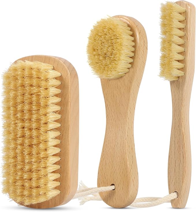 3-Piece Wooden Laundry Brush for Stains on Clothes - Gentle Boar Bristle Laundry Scrub Brush Stain Remover for Delicate and Everyday Fabrics