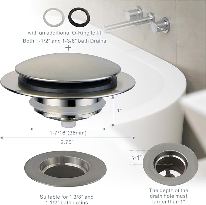 Brushed Bathtub Drain Stopper,Universal Pop Up Bath Drain, Hidrop Tip Toe Tub Drain Stopper,Conversion Kit Assembly, Replaces Lift and Turn,Tip-Toe and Trip Lever drains for Tub, EZ Install(Brushed)