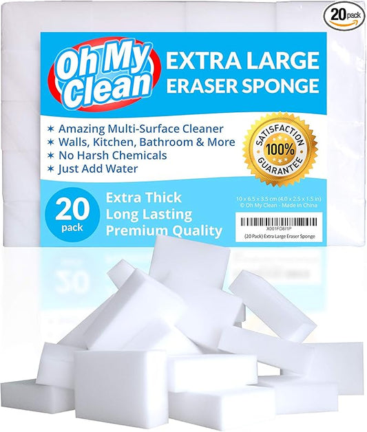 (20 Pack) Extra Large Eraser Sponge – Extra Thick, Long Lasting Magic Melamine Cleaning Sponges in Bulk – White Foam Pads for Walls, Kitchen, Bathroom, Floor & Baseboard Cleaner