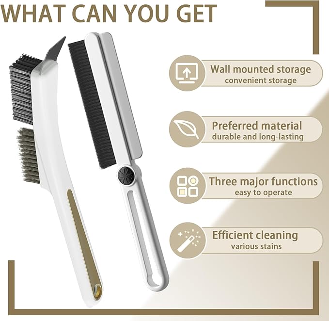 Crevice Cleaning Brushes with Rotatable Handle, Wire Nylon Scrub Brush with Stainless Steel Scraper, Grout Brush for Kitchen Stove Sink Tiles Corners Range Hood Door Window Track, 2 Pcs
