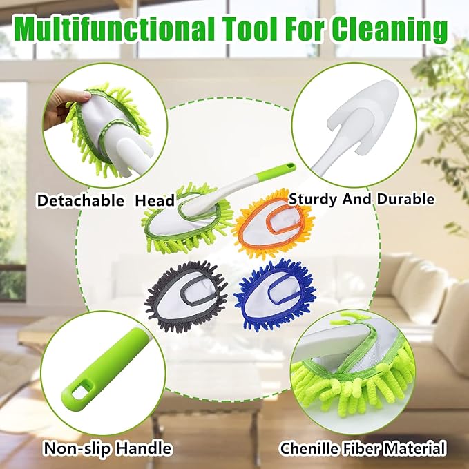 16 Inch Microfiber Duster Kit with 4 Pcs Duster Head, Feather Dsters, Washable and Reusable Duster, Wet and Dry Use, Cleaning Tools for Car,Office,Household
