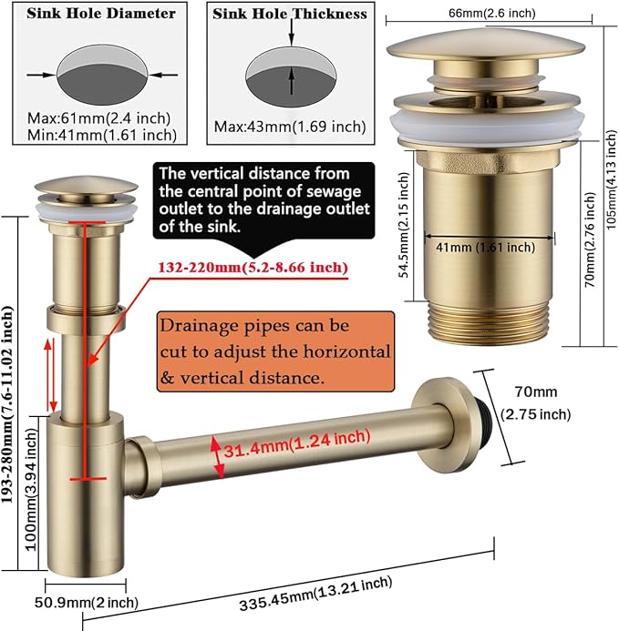 RANDOM Brushed Gold Brass Bottle P Trap Kit Contemporary Round Bottle P-Trap 1 1/4 with Pop Up Drain With Overflow.83888BG-S6