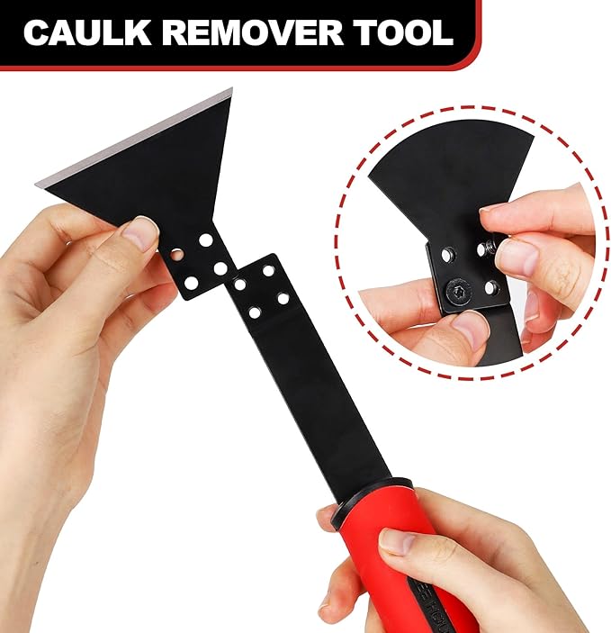 1 Caulk Remover Tool Set with 5-piece Blades - 8.7 Inch Industrial Floor Scraper Tool with Long-Handle, Replaceable Silicone Caulking Tool Kit for Glass Caulk, Adhesive, Sink Joint,Tiles, Walls