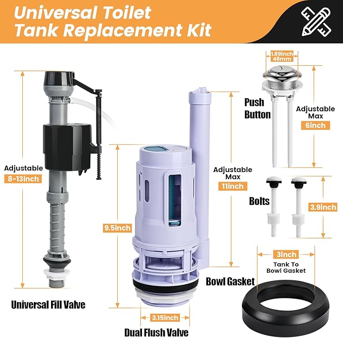 3-Inch Dual Flush Valve Replacement Kit for 2-Piece Toilets, Universal Toilet Repair Kit with Push Button, Fill Valve, Gasket & Bolts,Compatible with Glacier Bay, Kohler, American Standard, and Toto