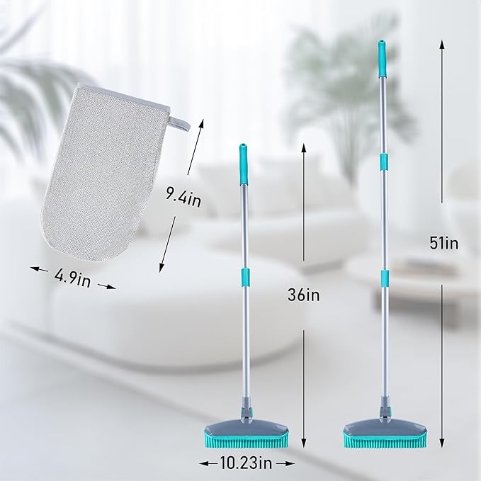 Rubber Broom Carpet Rake for Pet Hair Remover, Fur Remover Broom with Squeegee, Portable Detailing Lint Remover Brush, Pet Hair Removal Tool for Fluff Carpet, Hardwood Floor, Tile, Window (Grey&Blue)