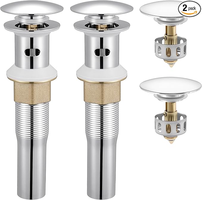 KES Bathroom Sink Drain with Detachable Hair Catcher Basket, Pop Up Drain Stopper with Overflow Anti-Clogging Vanity Vessel Sink Drain, Polished Chrome 2 Pack 304 Stainless Steel, S2013A-CH-P2