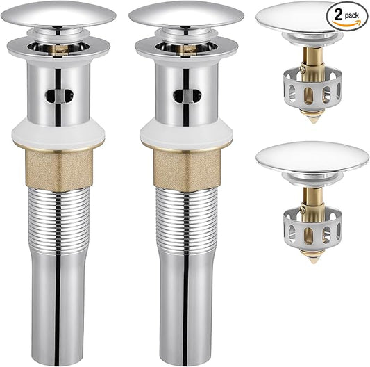 KES Bathroom Sink Drain with Detachable Hair Catcher Basket, Pop Up Drain Stopper with Overflow Anti-Clogging Vanity Vessel Sink Drain, Polished Chrome 2 Pack 304 Stainless Steel, S2013A-CH-P2