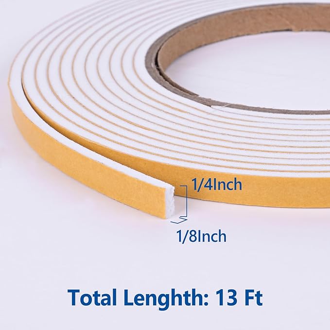 Kikerike Self Adhesive Foam Tape Weatherstrip 1/4in x 1/8in x 13Ft High Density Foam Insulation Strips Seal Weather Stripping with Strong Adhesive for Door and Window Sound Isolation Soundproofing