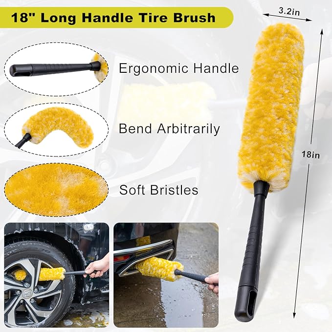 29Pcs Car Detailing Kit with 18" Wheel Rim Brush, Car Detailing Brush Set, Car Cleaning Tools Kit for Interior Exterior Wheels, Yellow