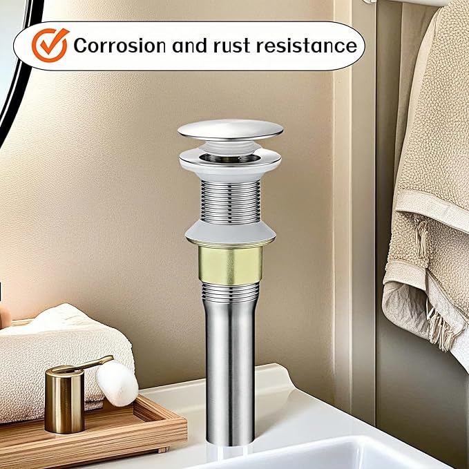 Pop-Up Sink Drain for No Overflow Basin, Stainless Steel, Hair Catcher Filter, 7.09 inch Length, Brushed Nickel (Nonporous)