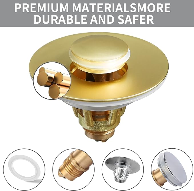 Fransiton Bathroom Sink Stopper, 1.1-1.77 Inch Basin Pop Up Sink Drain Stopper, Anti Clogging Drain Plug with Detachable Hair Catcher,Brushed Golden