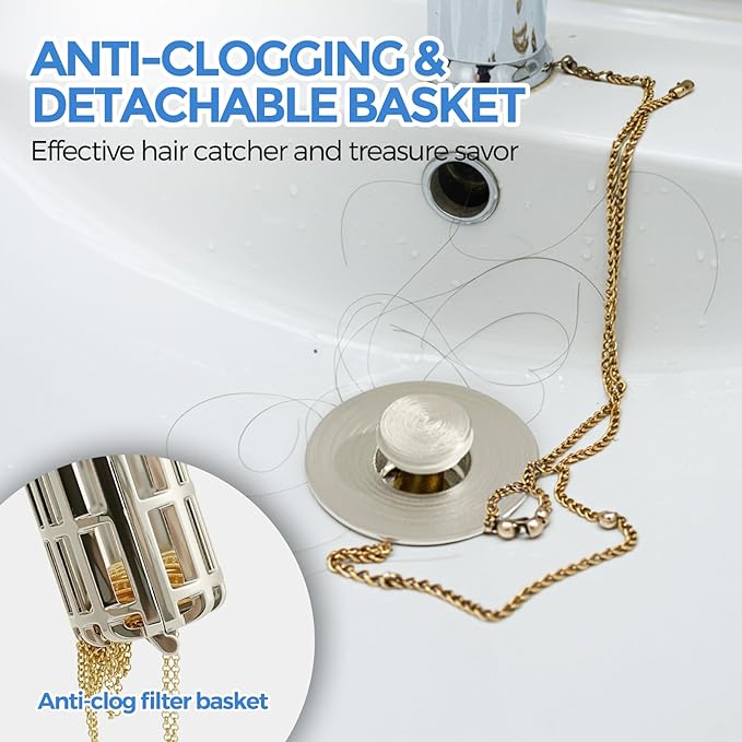 zaa Bathroom Sink Drain Strainer - Bathroom Sink Stopper, 2Pack Pop Up Sink Stopper with Removable Filter Strainer Basket for US Standard Bathroom Sink, Drain Plug Filter Replacement, Nickel