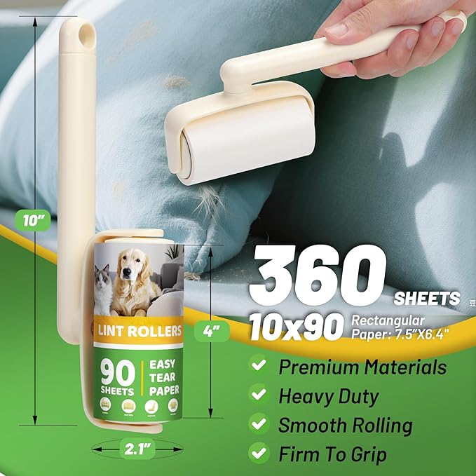 Lint Roller 2-in-1 Rotatable Handle Pet Hair Remover for Laundry Dog Hair, Cat Hair, Animal Fur, Fuzz Extra Sticky Roller for Couch, Clothes, Furniture and Carpet (4 Pack)