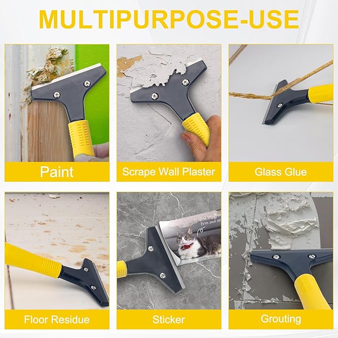 KeFanta Scraper Tool, 4" Wide Heavy Duty Floor Scraper with 45.7" Long Handle, Razor Blade Scraper for Cleaning Windows Glass Shower Gum Tile Scraper Ceiling Scraper, 10PCS Extra Metal Blades