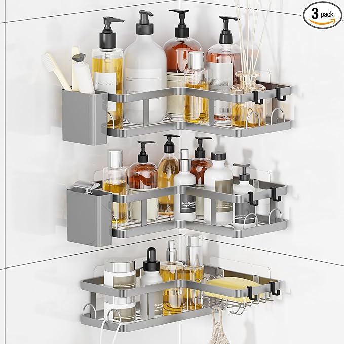 3 Pack Corner Shower Caddy Organizer, Rustproof Corner Shower Shelves, No Drilling Bathroom Corner Shelf with Hooks and Toothpaste Holder
