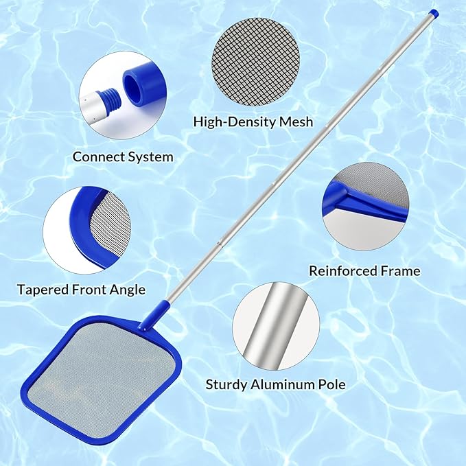 Pool Skimmer - Pool Skimmer Net with 5 Section Adjustable Telescopic Aluminum Pole, 23''- 60'', Pool Net Skimmer Rake with Ultra Fine Mesh , Pool Leaf Skimmer for Swimming Pools, Spas, Hot Tubs