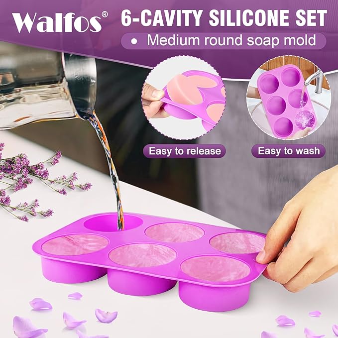 Walfos Round Silicone Soap Molds,Silicone Soap Molds,BPA Free and Non-Stick Circular Soap Mold,Perfect for Soap,Candles,Cookies,Oreos,Candy,Pudding,Jello.Set of 2 (Purple)