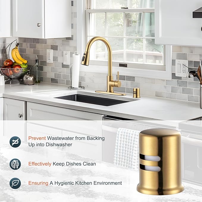 Dishwasher Air Gap Cover for Kitchen, Solid Brass Air Gap Cap with Skirted Design, Dishwasher Overflow Vent Cap Replacement Only, Brushed Gold