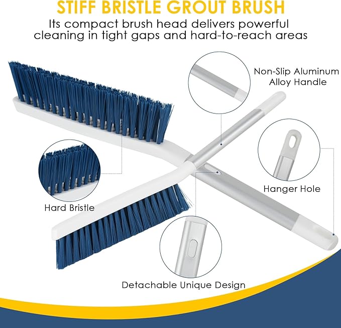 3 Pack Bathroom Shower Scrub Brush Set - Detachable Stiff Bristle Grout Cleaner Brush, 2-in-1 Shower Glass Squeegee with Replacement Sponges, Scrubbing Brushes for Cleaning Bathtub, Gaps, Tile, Sink