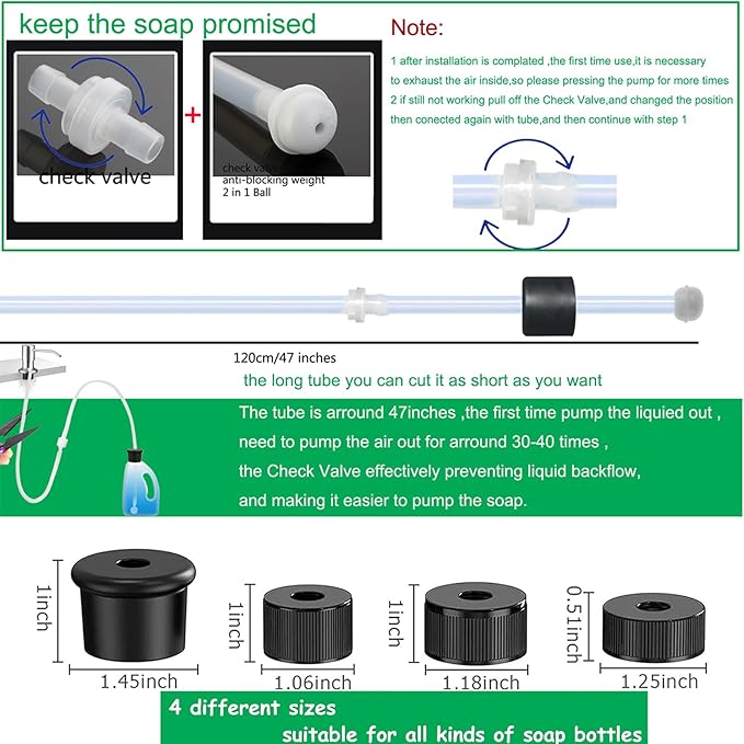 Under Sink Soap Dispenser Extension Tube Kit – 47" Hose with Check Valve & Weighted Ball – Connect Sink Dispenser to Large Dish Soap Bottle – No More Refills – Includes 4 Universal Bottle Caps