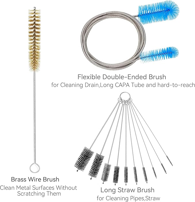 12 Pcs Tube Pipe Cleaners Brush Set,Flexible Drain Brush,Long Straw Brush,61-inch Flexible Double-Ended Hose Brush,8.2-inch Different Diameters Brush,12-inch Brass Wire Brush,for Kitchen Sink Plumbing