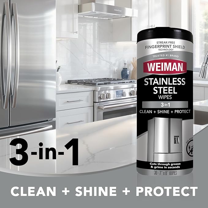 Weiman Stainless Steel Cleaner, 30 Count Cleaning Wipes, Removes Dirt, Grime, and Grease, No Streaks or Residue, Stainless Steel Polish for a Sparkling Clean and Shiny Surface, Cleaning Supplies