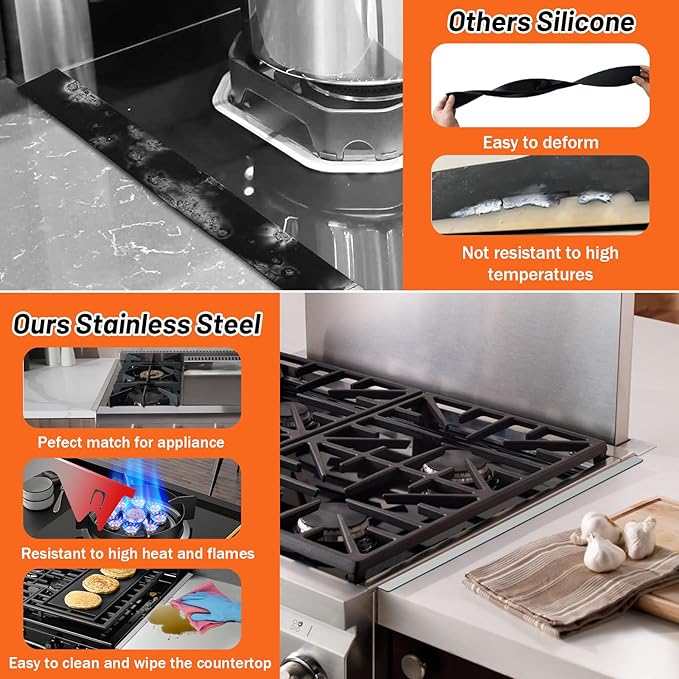 Stainless Steel Stove Gap Covers (2PCS),Stove Gap Filler,Range Trim Kit,Stove Gap Guard for Kitchen Oven Between Stovetop and Counter,Easy Clean Heat Resistant,Adjustable Length 13.8'' to 27.5''Silver