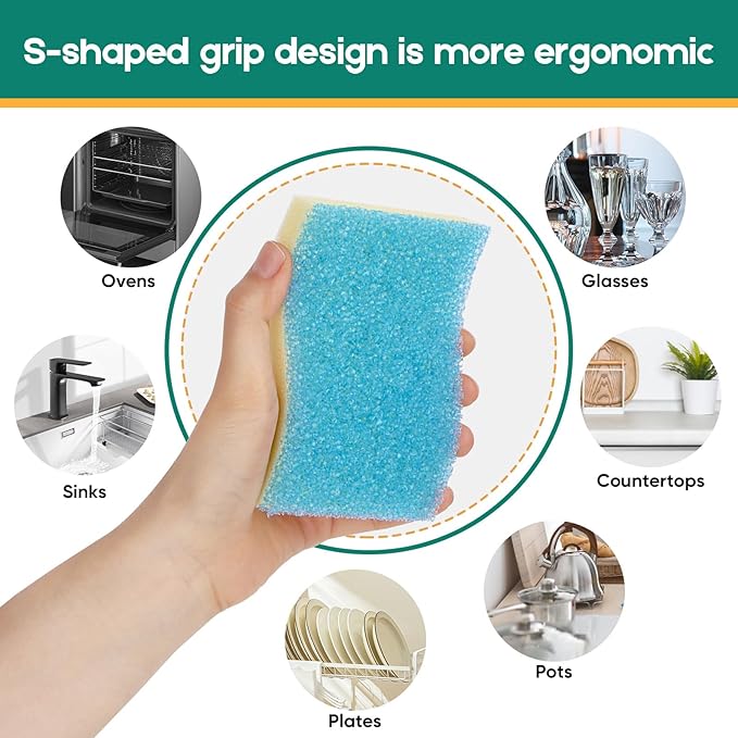 Scrub Sponge, 8 Pack Dual-Sided Temperature-Responsive Scrubber - Non-Scratch - Multipurpose Dish Sponges for Kitchens, Bathrooms, and Outdoor Use - S Shape