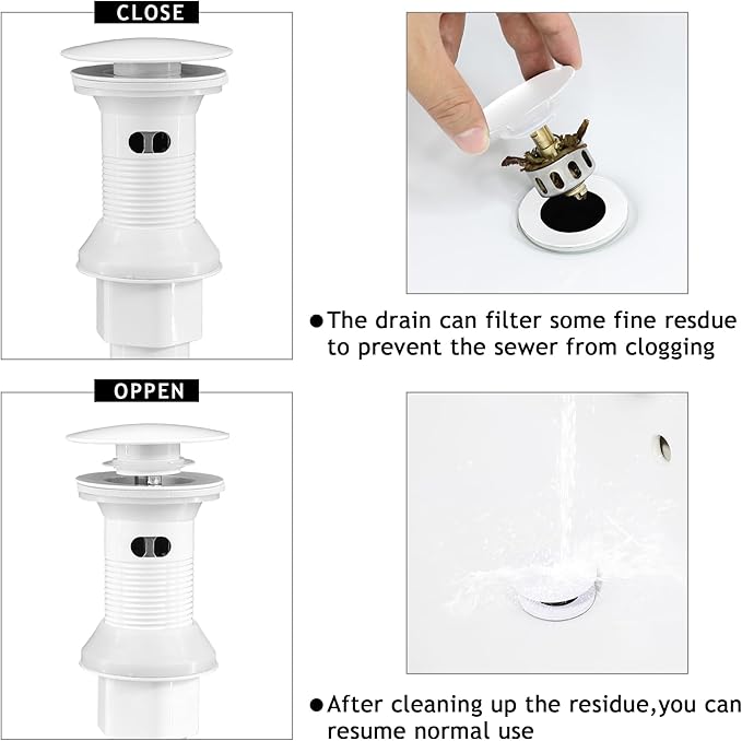 Bathroom Sink Drain,Drain Stopper Bathroom Sink with Overflow,Pop Up Drain Assembly with Detachable Strainer Basket,Built-in Anti-Clogging, Stainless Steel Nut White