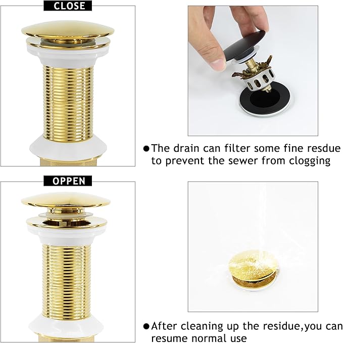Bathroom Sink Drain, 2 Pack Gold Drain Stopper Without Overflow,Pop Up Drain Assembly Without Detachable Strainer Basket,Built-in Anti-Clogging Strainer,Stainless Steel