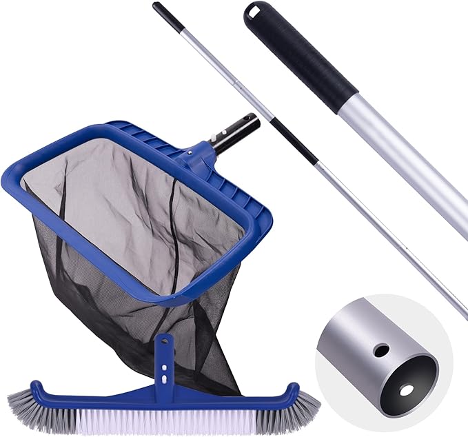 POOLAZA Pool Cleaning Kit, Including Pool Brush & Ultra Fine Mesh Pool Skimmer Net with Pole, Pool Net Skimmer & 17.5'' Pool Brush Head with 10.5ft Aluminum Pool Pole, Pool Net and Brush with Pole