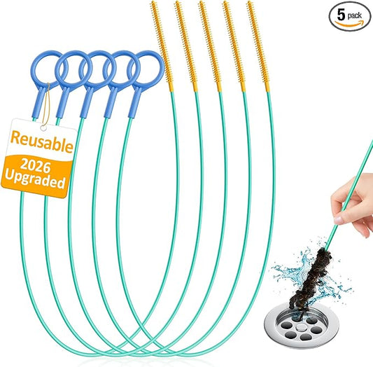 Reusable Drain Snake Hair Drain Clog Remover 30 Inch, 2026 Upgraded Sink Snake Drain Hair Removal Tool, Anti-Break Metal Shower Snake Drain Cleaner to Unclog Bathroom Sink, Tub, Shower Pipe(5 Pack)