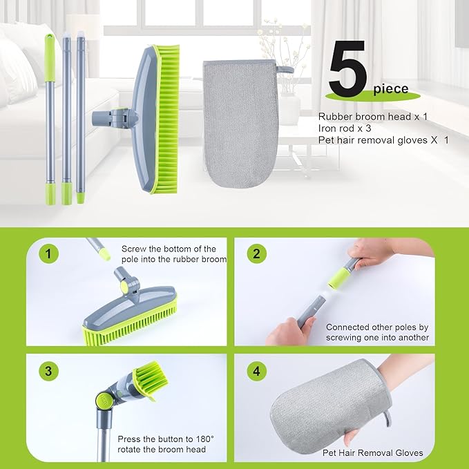 Rubber Broom Carpet Rake for Pet Hair Remover, Fur Remover Broom with Squeegee, Portable Detailing Lint Remover Brush, Pet Hair Removal Tool for Fluff Carpet, Hardwood Floor, Tile, Window (grey&green)
