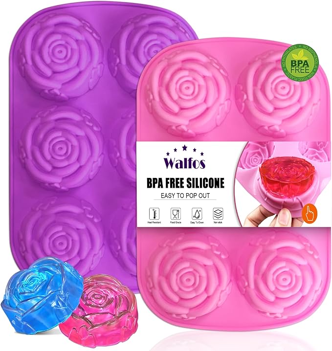 Walfos Rose Ice Cube Mold 2.8 Inch,Soap Mold, Make 12 Cute Flower Shape Ice. BPA Free and Dishwasher Safe.Easy to Pop Out.Perfect for Soap Cocktails Juice Whiskey Jelly Chocolate etc.(Set of 2 Pink)