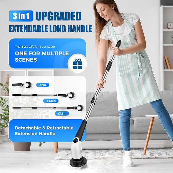 YKYI Cordless Electric Spin Scrubber, Power Cleaning Brush with 8 Replaceable Heads & Extension Handle for Bathroom, Tub, Tile, Floor, Grout, Car