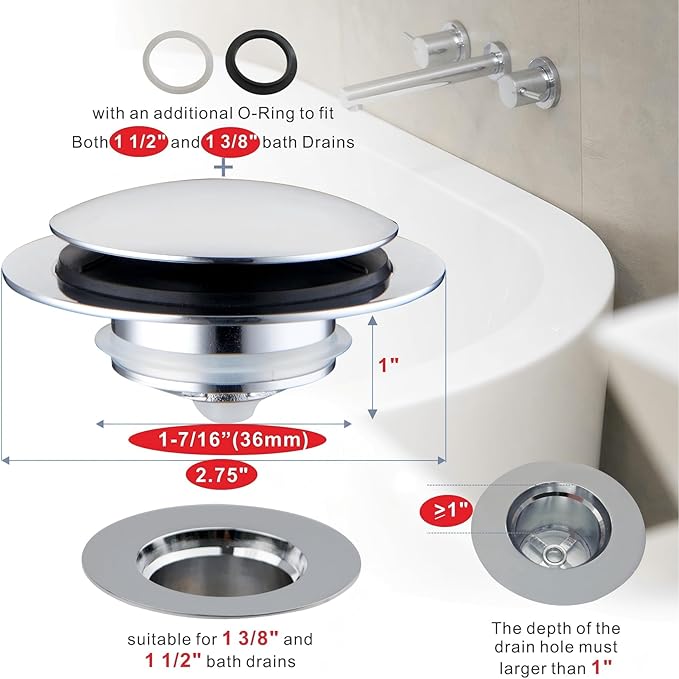 Chrome Plated Universal Tub Dain Stopper, Hidrop Pop Up Bath Drain Tip Toe Bathtub Drain Stopper,Conversion Kit Assembly, Replaces Lift and Turn, Tip-Toe and Trip Lever drains for Tub, EZ Install