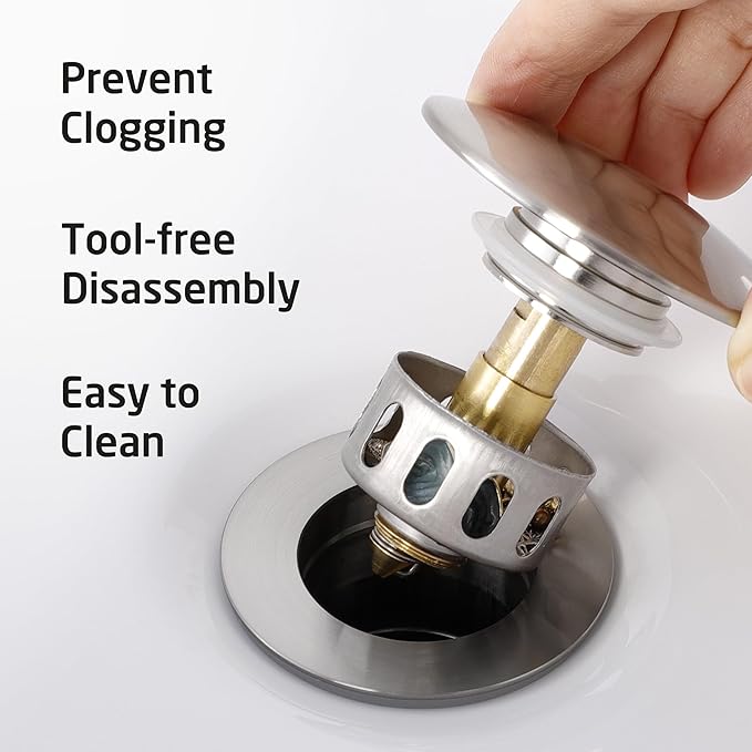 KES Bathroom Sink Drain Stopper with Overflow, Pop Up Drain with Detachable Hair Catcher for Lavatory Vanity Vessel Sink, Brushed Nickel 2 Pack, All Metal Rustproof 304 Stainless Steel, S2013A-BN-P2