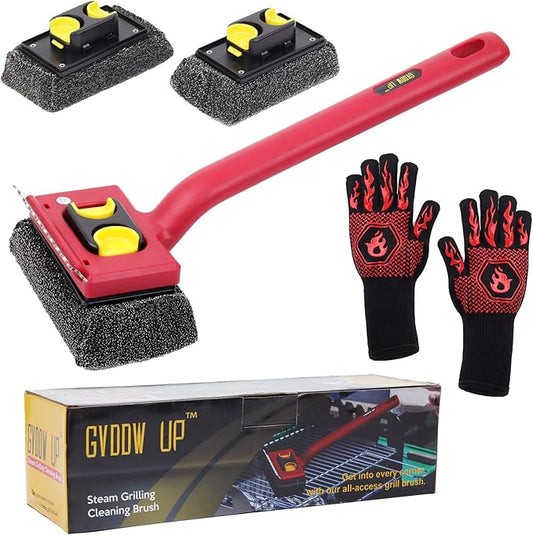 Grill Brush Bristle Free with Scraper,Grill Cleaner Brush with 2 Replacement Heads and Heat Resistant Gloves,Safe Grill Brush for Outdoor Grill,BBQ Grill Brush for Any Grill