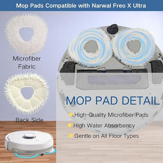 Replacement Accessories Parts Kit Compatible with Narwal Freo X Ultra - Includes 6 Dust Bags, 6 Mop Pads, 6 Filters, 8 Side Brushes, 2 Rubber Main Brushes (Freo X Ultra)